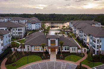 Drift town center east aerial view of buildings and lake